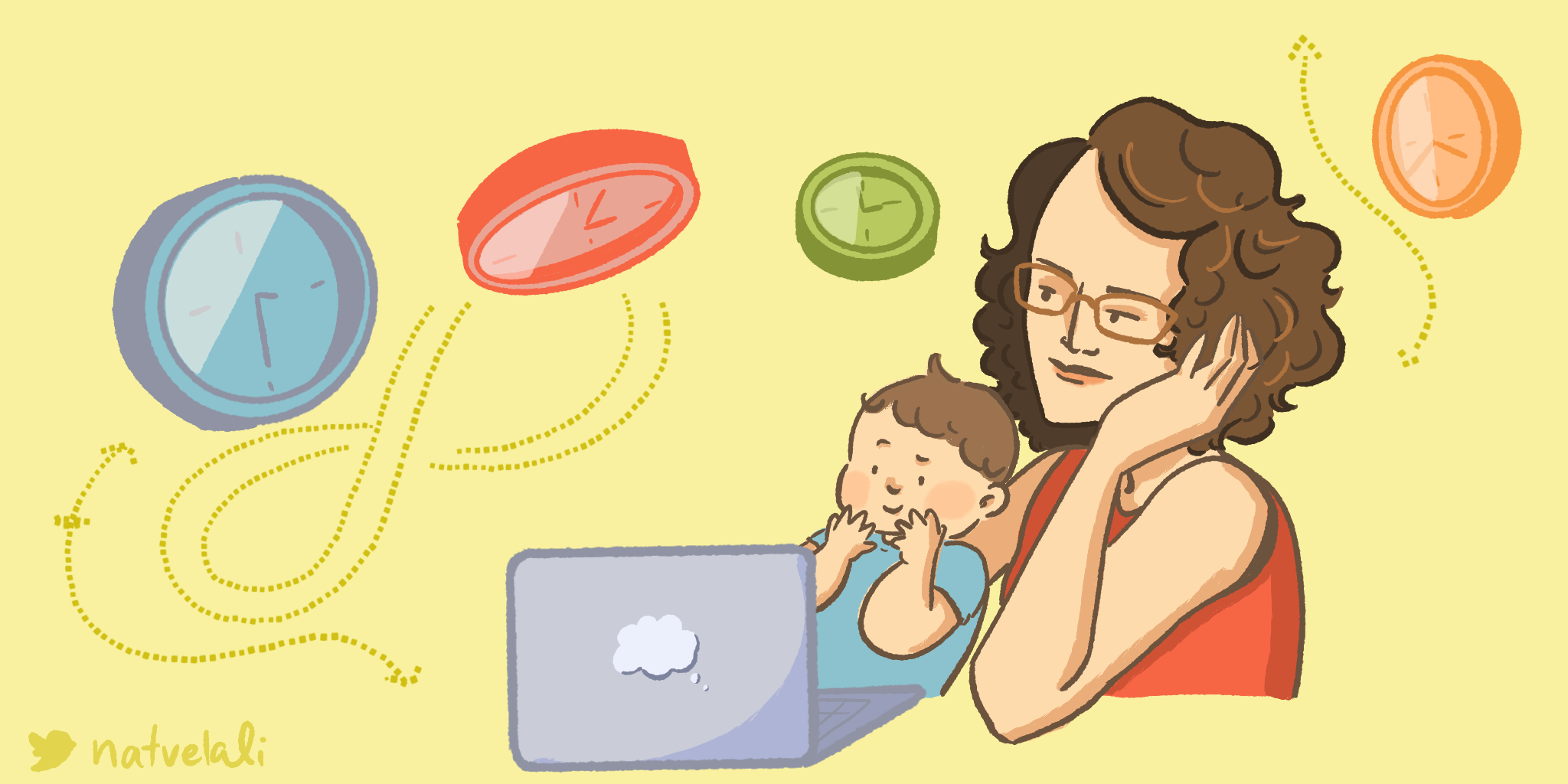 A woman with an infant in her lap, both looking at a laptop. Clocks swirl in the air around them.