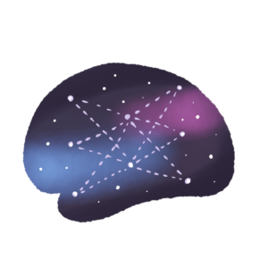 cartoon brain with a night sky background. Brain has stars, some of which are connected to each other